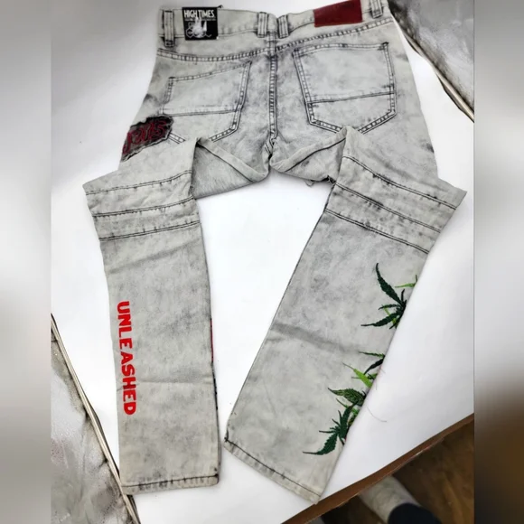 High Times Mens Graphic Printed Distressed Ribbed Moto Jeans White Wash/32/NWT